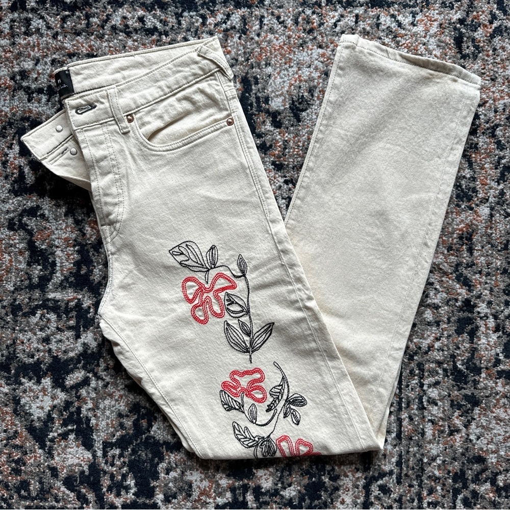 Paul Smith Cream Straight Leg Jeans with Floral Embroidery